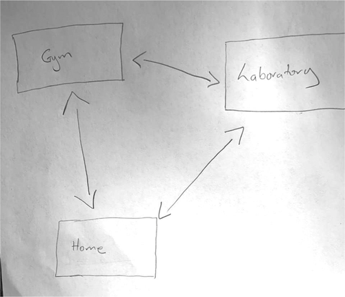 A chart in pencil with arrows between Gym, Laboratory, and Home.
