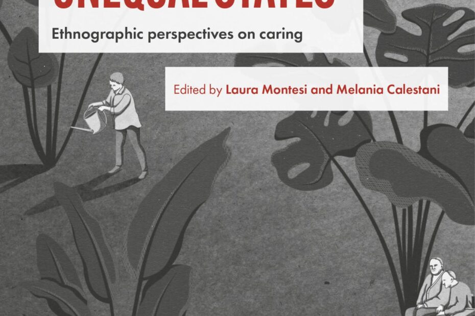 A black and white illustration of big plants and people in different stages of life.