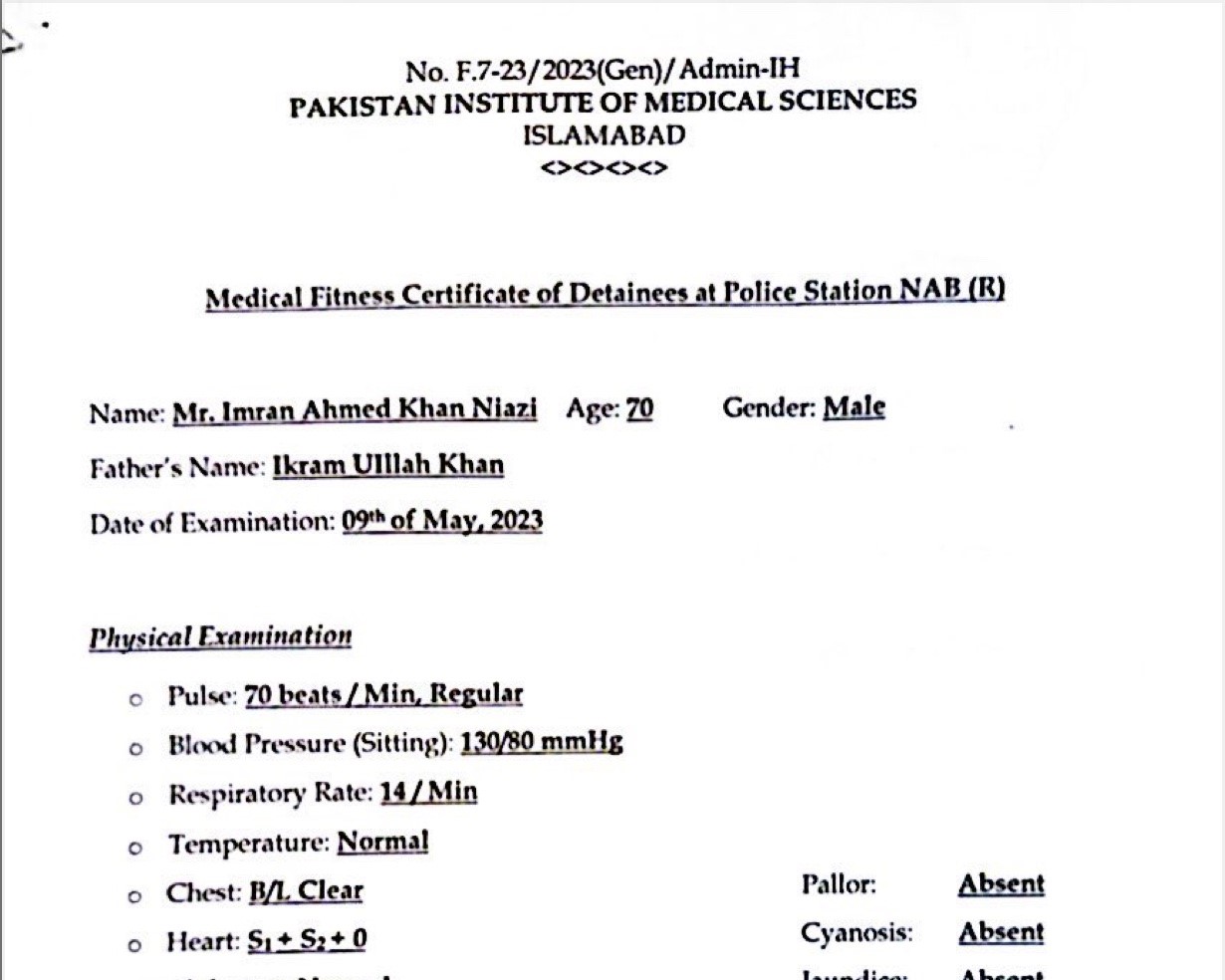 Excerpt of medical evaluation of Imran Khan.