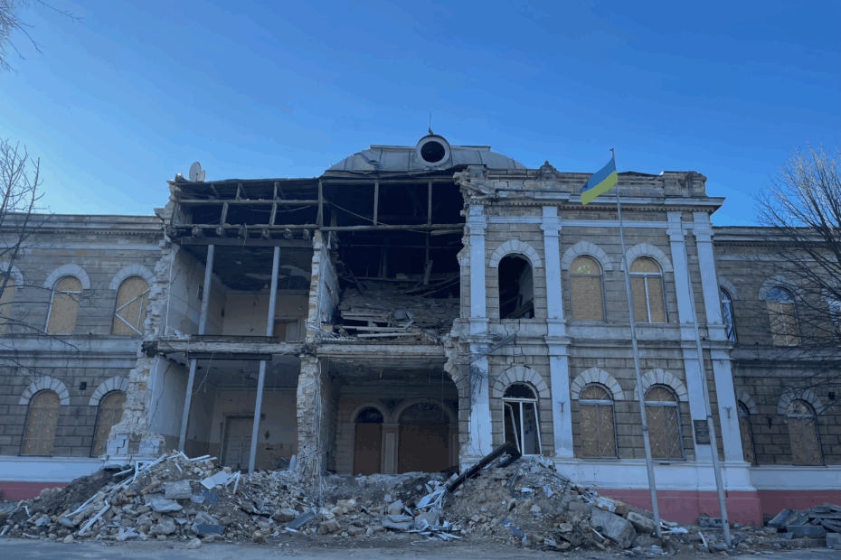 A partially destroyed building in Mykolaiv.