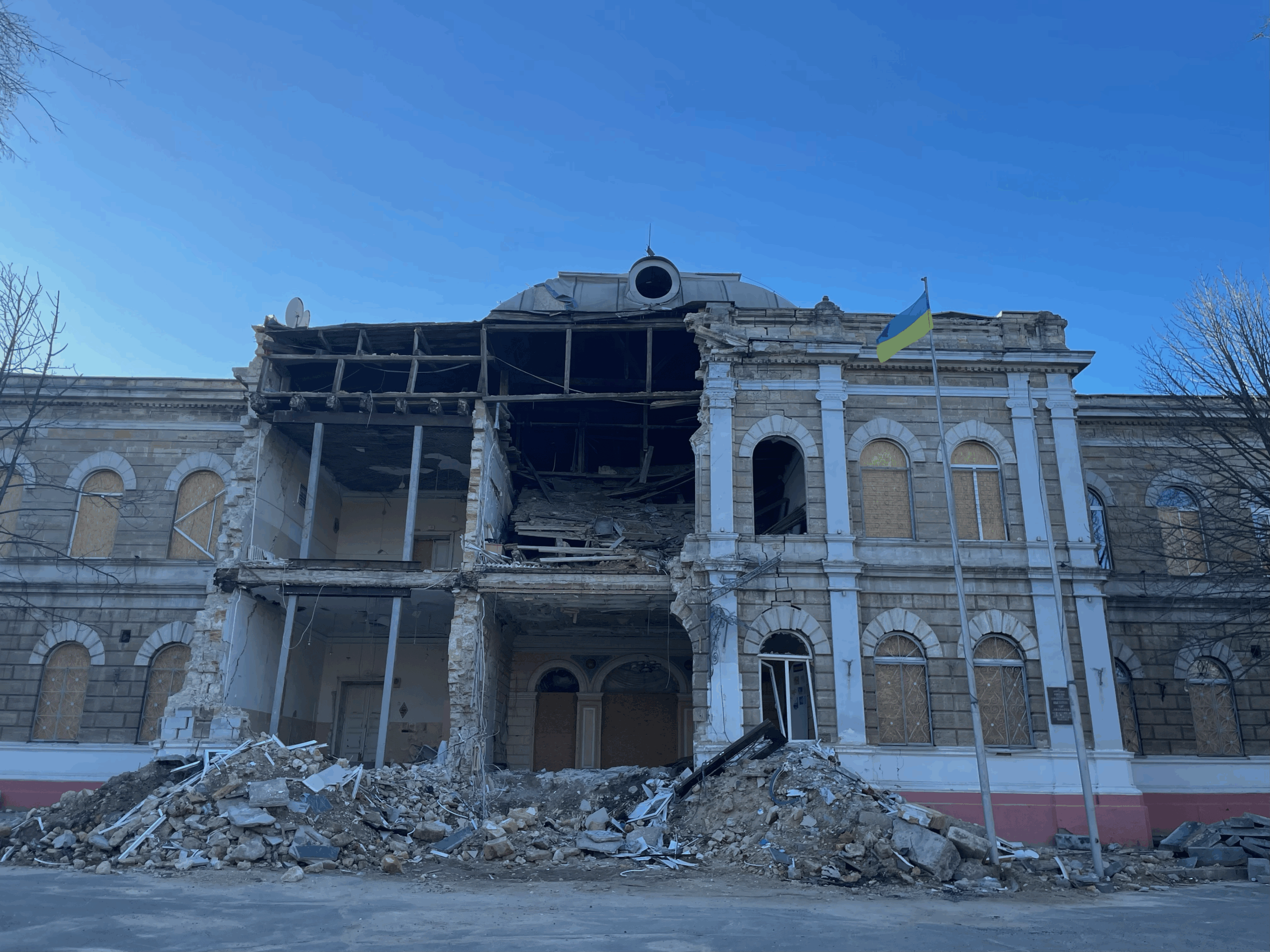 A partially destroyed building in Mykolaiv.